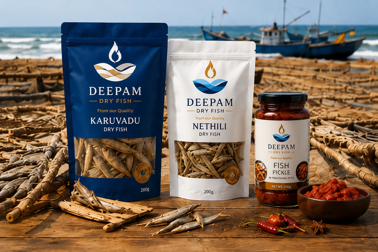Deepam dry fish packaged products on a coastal table
